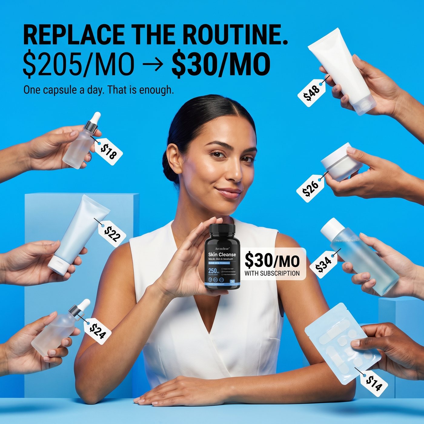 Replace the routine. $205 a month of skincare against one capsule a day.