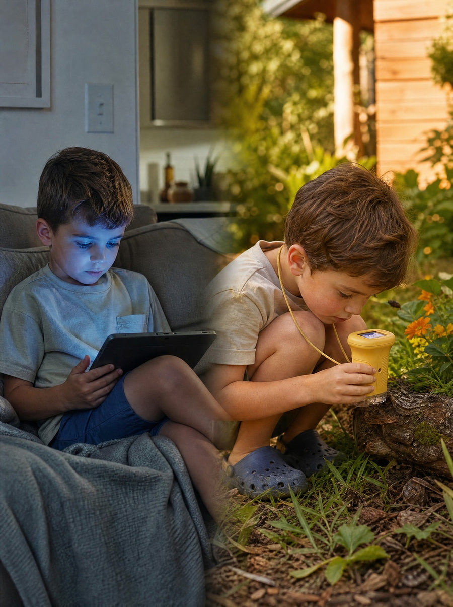 A child absorbed in a tablet indoors contrasted with a child exploring outdoors with the Accuclear
