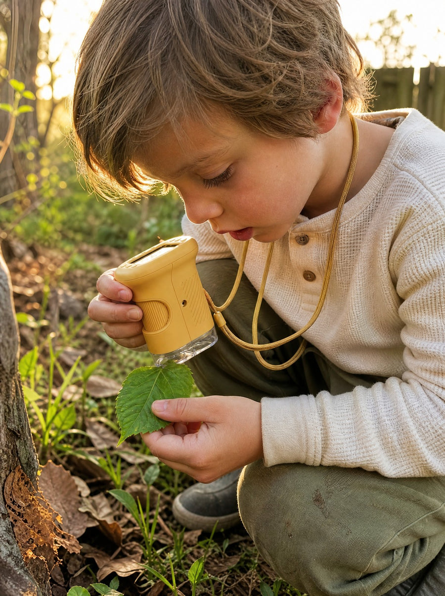 Child closely examining a green leaf outdoors with the Accuclear