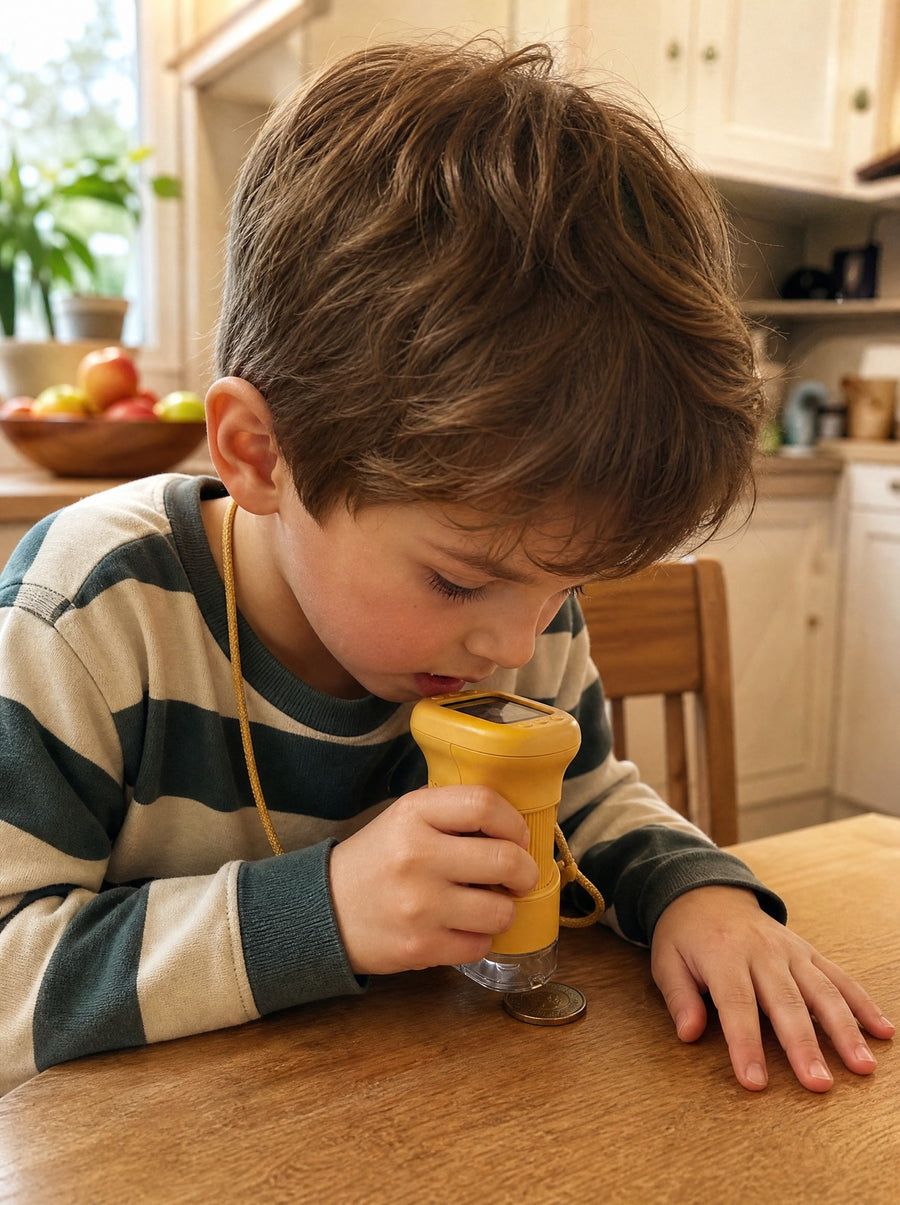 Child examining a coin at the kitchen table with the Accuclear