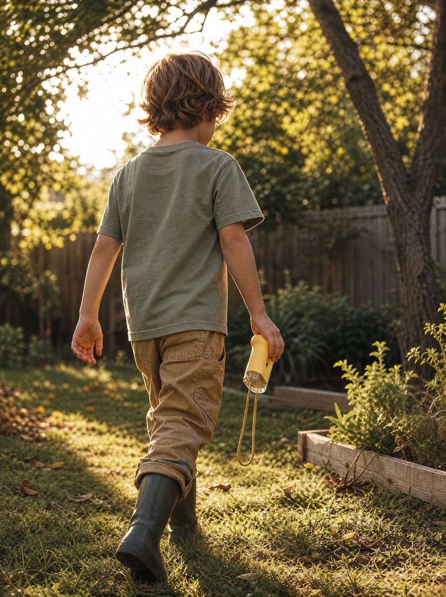 Child heading into the backyard carrying the Accuclear