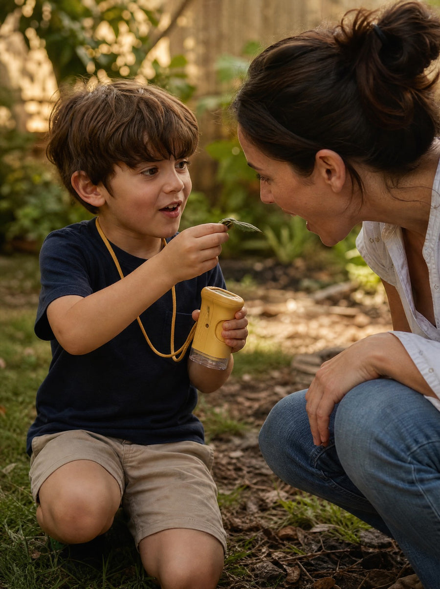 Child excitedly showing his mother something he discovered while using the Accuclear