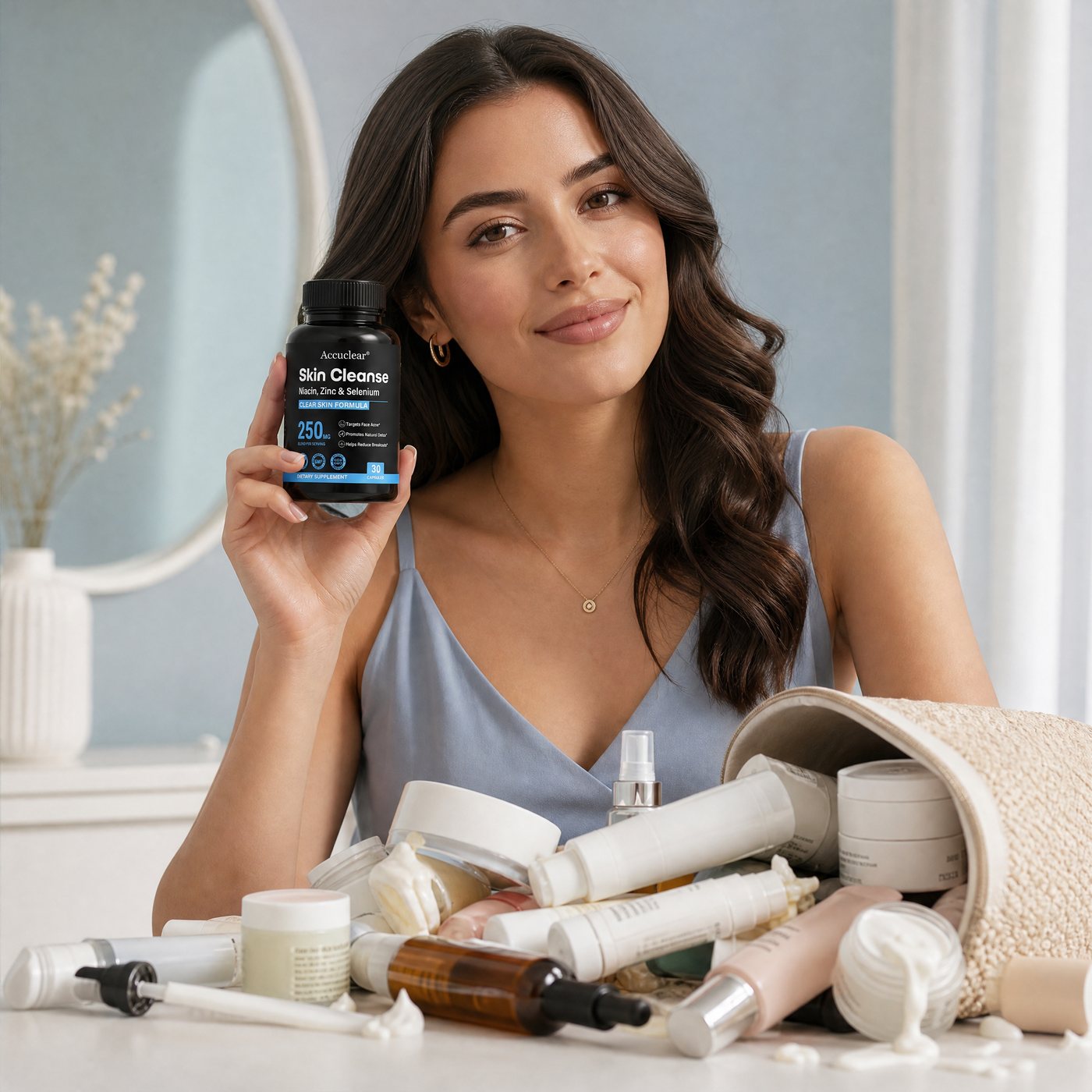 A woman holding Accuclear. Skin Cleanse beside the pile of products it replaces.