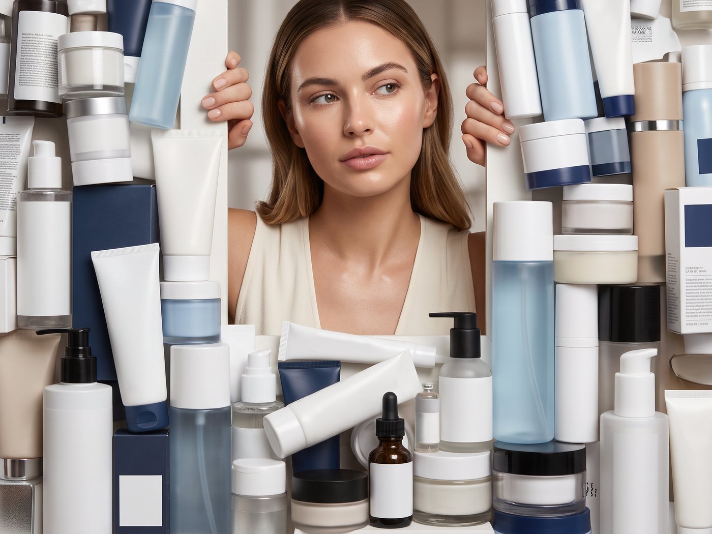 A woman surrounded by a wall of half-used skincare bottles.